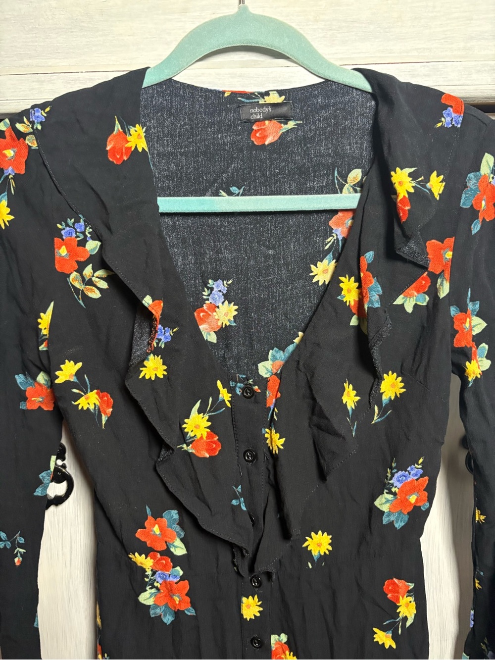 Nobody’s Child Black Floral Ruffle Button Bell Sleeve Mini Twee Cottagecore - Picture 6 of 10